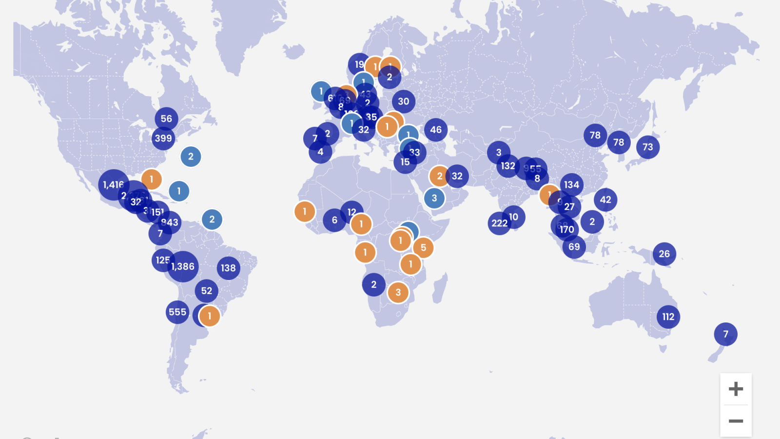 World Map with orange and blue dots in different locations